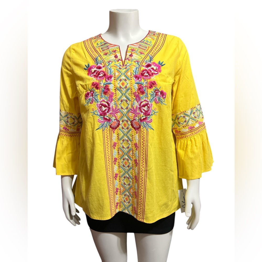 NWT Calessa Size L Embroidered Bell 3/4 Sleeves Yellow Tunic